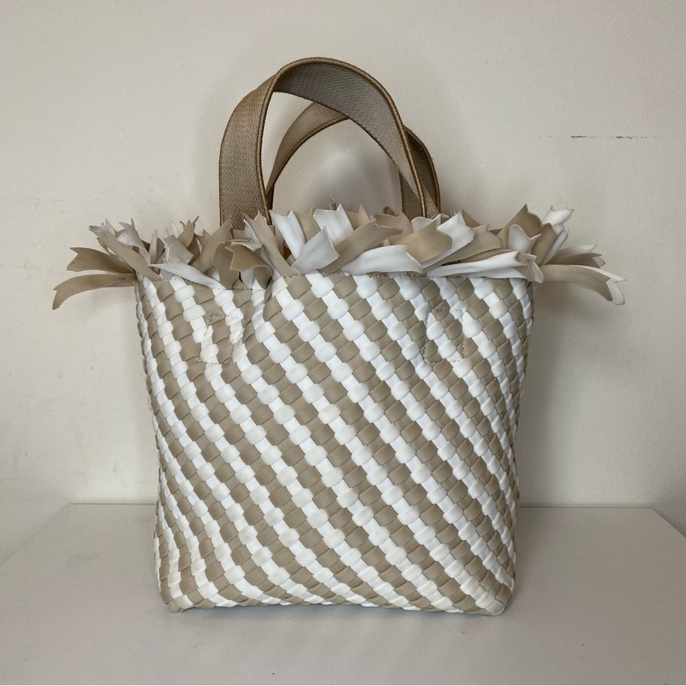 NAGHEDI Havana Small Woven Neoprene Tote Fringe Crossbody Striped Almaza Tan - Picture 4 of 15